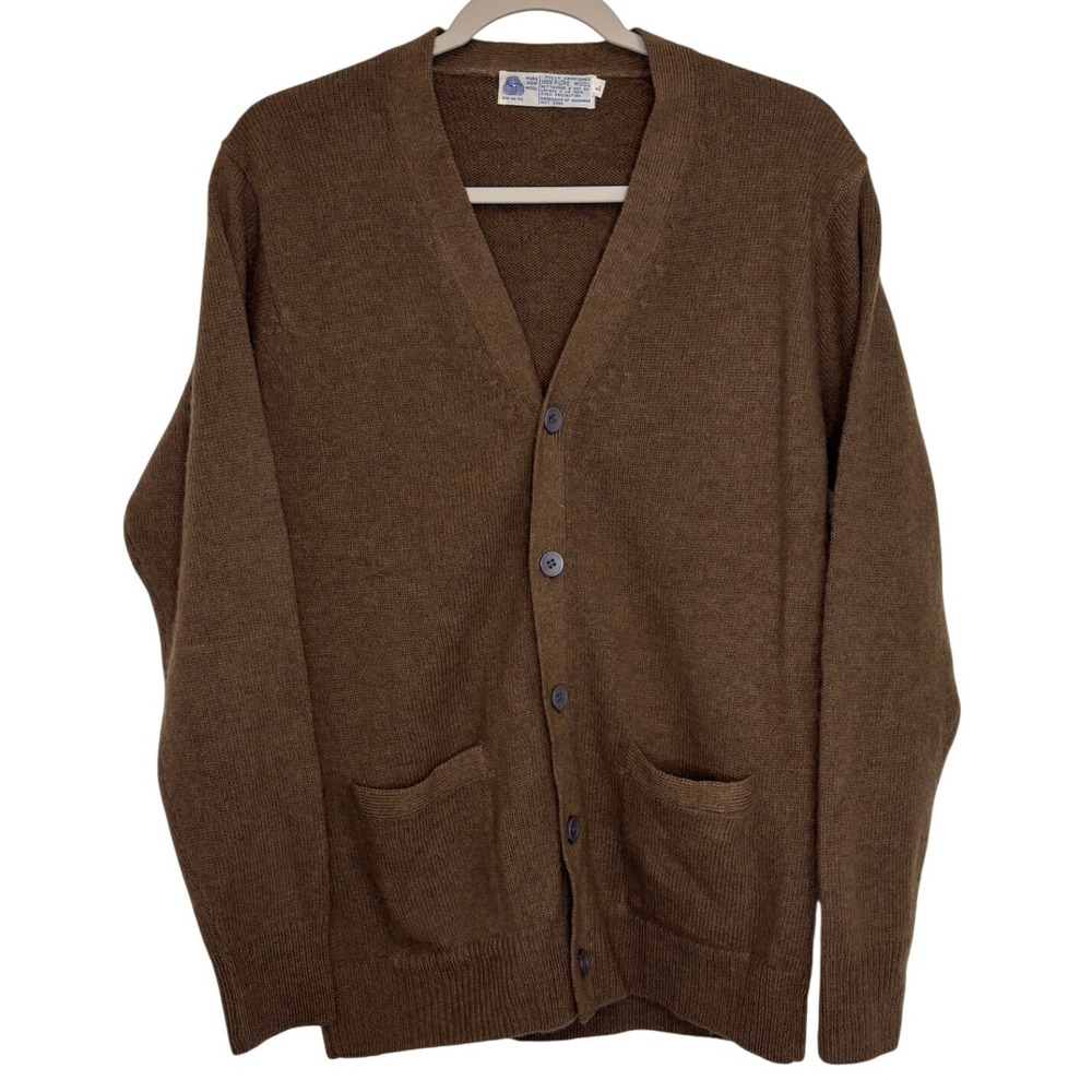 VTG 100% Pure Wool Cardigan Tobacco Brown Minimalist Grandpa Sweater - Picture 1 of 7